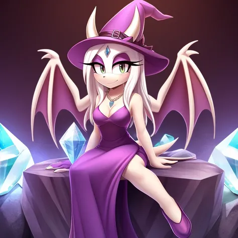 Mobian (dragon), 1girl, white crystal body, white scales, white crystal dragon horns, white dragon wings, white dragon tail, small breasts, (white diamond dress), cleavage, white diamond witch hat, diamond (gemstone) necklace, diamond (gemstone), sitting o...