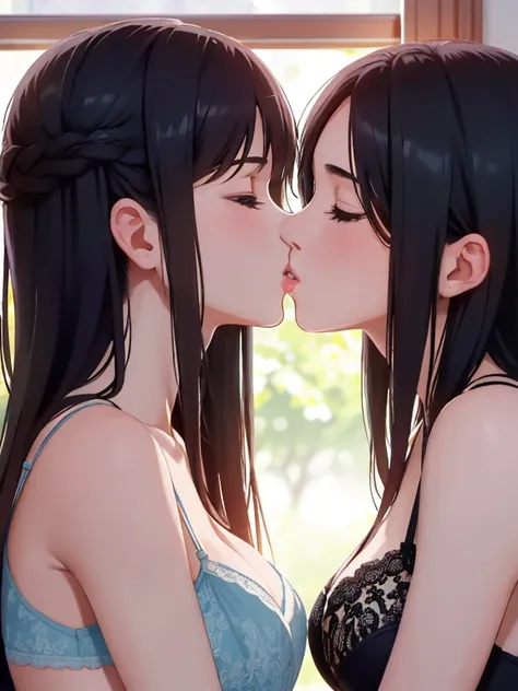 masterpiece, quality, A high resolution,((( 2 girls))), ((Yuri)), ((this kiss:1.4)), giving a hot kiss, in the bedroom, sexy lingerie