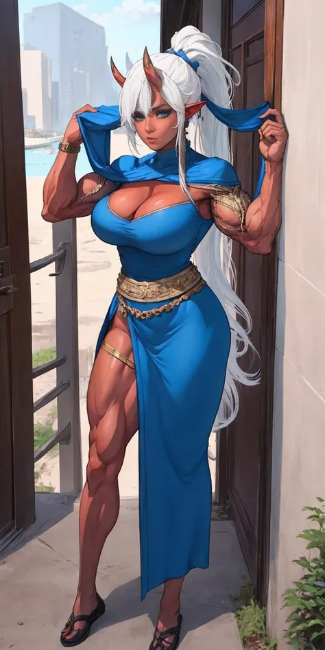 extremely long hair , ponytail, perfect anatomy 1 girl tall solo, slim thick, ((muscular)) high elf toned body, silver breast plate, blue cape, slendered abs, hourglass waist, detailed face, defined cheekbones, puffy lips, gauntlets, gold crown, shadow ove...