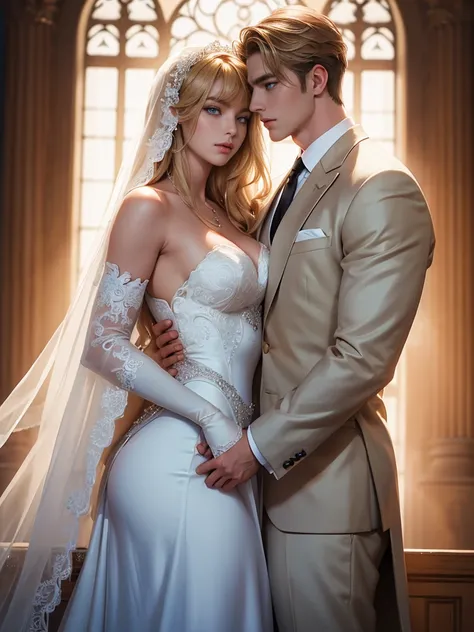 An incredibly beautiful femme fatale bride with long golden hair, long bangs, blue eyes, in an elegant wedding dress, she is being held in her arms by a tall handsome handsome manly young man dressed in a light wedding suit, he has tanned skin, long white ...