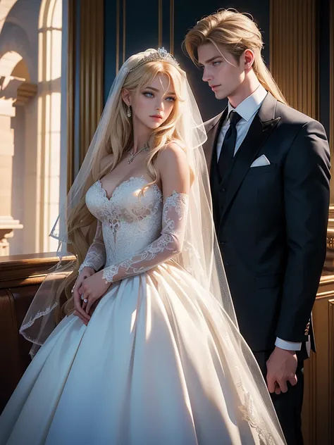 An incredibly beautiful femme fatale bride with long golden hair, long bangs, blue eyes, in an elegant wedding dress, she is being held in her arms by a tall handsome handsome manly young man dressed in a light wedding suit, he has tanned skin, long white ...