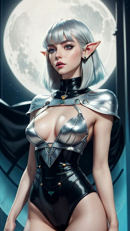 (Best quality, ultra realistic) 8k, retro futuristic look, dream aesthetic, dream atmosphere, 1 tall elf girl, beautiful cute elf girl, gothic makeup, light cyan_eyes, flushed cheeks, (( hair color [Silver blonde hair], [pixie cut with bangs] hair)), earri...