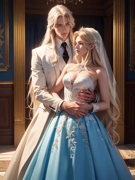 A tall, handsome, courageous young man dressed in a light wedding suit, tanned skin, long white hair, blue eyes holds in his arms an incredibly beautiful fatal bride with long golden hair, long bangs, blue eyes, in an elegant wedding dress. They are in lov...