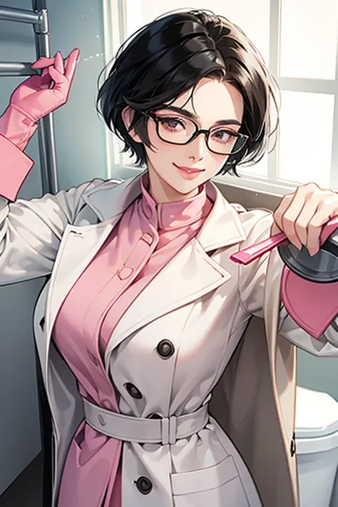 A mature woman with short black hair and glasses smiling gently while wearing a white coat and pink rubber gloves and cleaning a toilet