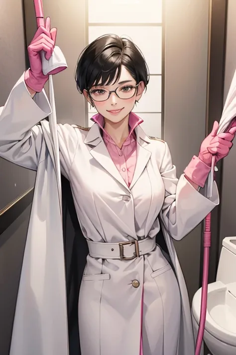 A mature woman with short black hair and glasses smiling gently while wearing a white coat and pink rubber gloves and cleaning a toilet