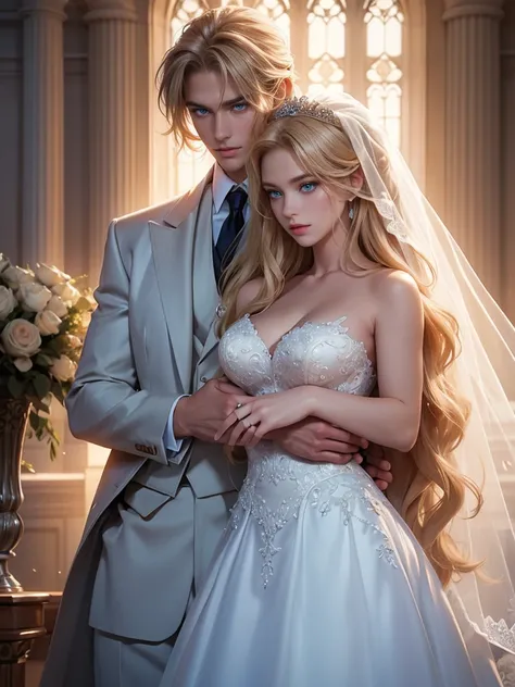 A tall, handsome, courageous young man dressed in a light wedding suit, tanned skin, long white hair, blue eyes holds in his arms an incredibly beautiful fatal bride with long golden hair, long bangs, blue eyes, in an elegant wedding dress. They are in lov...