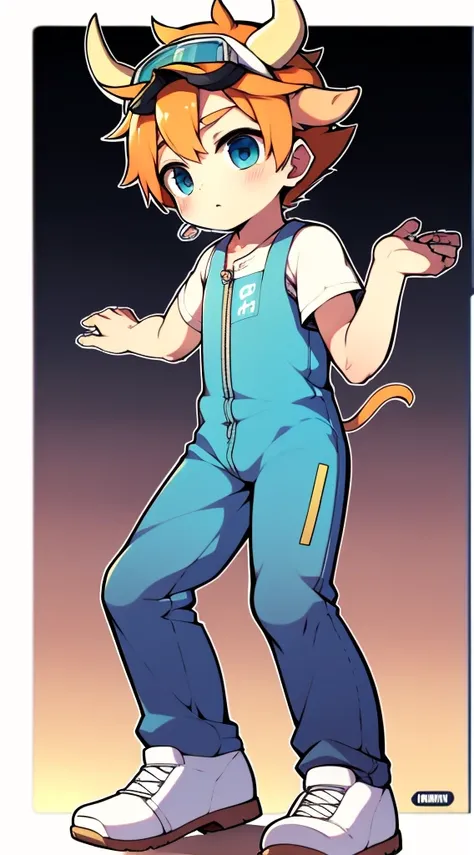 2D boy Shota，jumpsuit，standing，goggles，horns，cow ears，sports shoes，white stockings