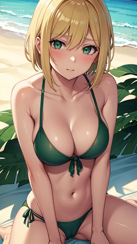 1 women,30year old women,blonde short hair,green eyes,medium breasts,Emerald green side-tie bikini bottom,embarrassed,straddling,beach,cameltoe