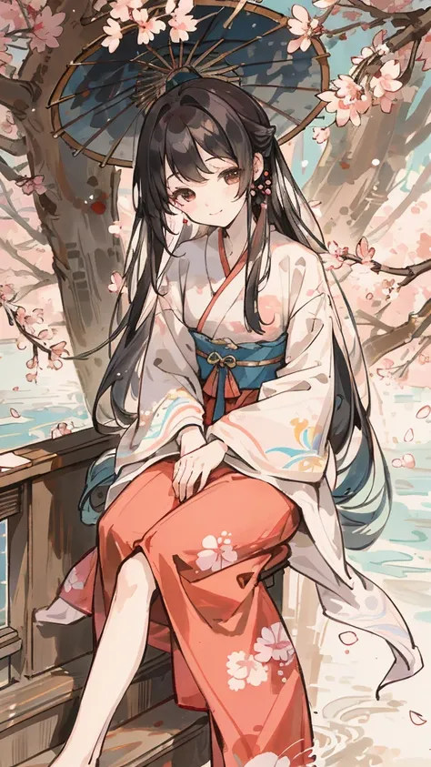 （（4k，master piece，best quality））， Shuimobisim， Traditional Chinese Painting， cherry blossoms,Hanfu， maxi kit， 1 girl in conservative clothing， sit on the stairs， blue long hair， smile， feet in the water,cherry blossoms