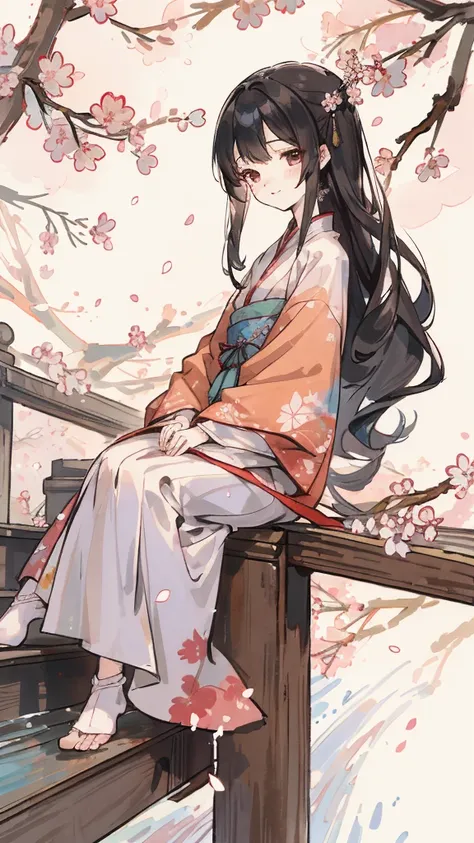 （（4k，master piece，best quality））， Shuimobisim， Traditional Chinese Painting， cherry blossoms,Hanfu， maxi kit， 1 girl in conservative clothing， sit on the stairs， blue long hair， smile， feet in the water,cherry blossoms