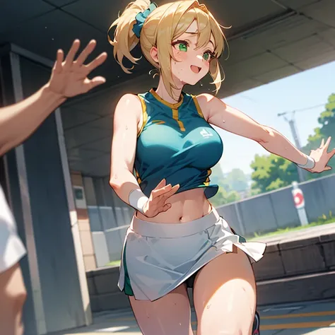 1 girl, CG game, Blue sleeveless exercise clothes, Can see navel, white short skirt, Scrunchie, gigantic bust, Blonde, middle hair, side ponytail, green eyes, be happy, Raise your hand, run, sweat, outdoor, target tape,