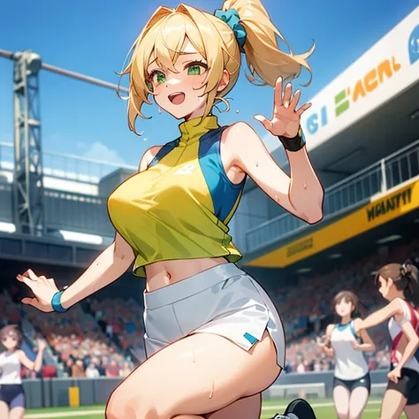 1 girl, CG game, Blue sleeveless exercise clothes, Can see navel, white short skirt, Scrunchie, gigantic bust, Blonde, middle hair, side ponytail, green eyes, be happy, Raise your hand, run, sweat, outdoor, target tape,