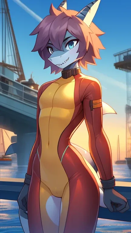 Best quality, Super detailed illustration, Warm tones, perfect lighting, perfect detail, (anthro shark boy:1.4), feminine body, disheveled thick hair, dressed in a diving suit, Tricky glance, against the background of the harbor ,femboy ,small waist, wide ...