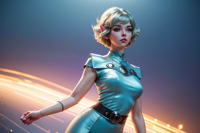 (best quality, ultra realistic) 8k, retro futuristic look, dream aesthetic, dream atmosphere, 1 tall elf girl, beautiful cute el...