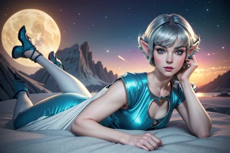 (best quality, ultra realistic) 8k, retro futuristic look, dream aesthetic, dream atmosphere, 1 tall elf girl, beautiful cute el...