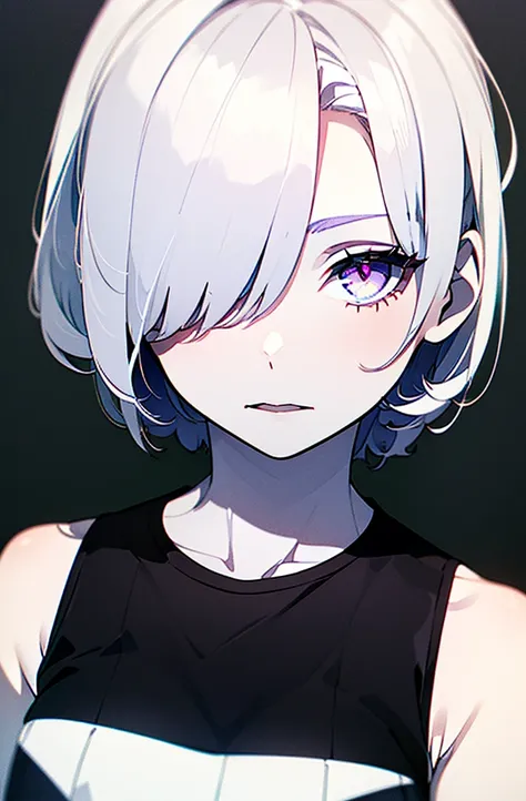 (1girl), ((((pale skin)))), Purple eyes, {((Detailed eyes))}, eyes squinted, (in deep thought).,((hair over one eye)), hair, (white hair), ((short white hair)). (((black shirt, sleeveless shirt))), (Masterpiece:1.4), ((highly detailed)), high quality, ultr...