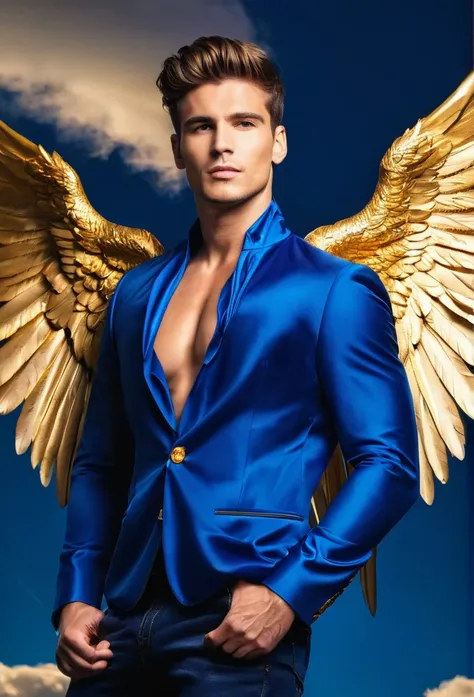 beautiful man with blue dressing and golden wings in dark blue sky