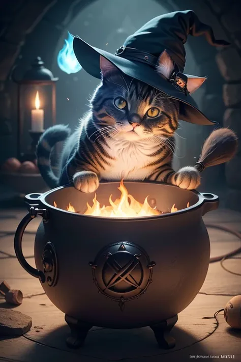 a cg render of a cute cat in a witch hat cooking in a witch cauldron, animal, 4k, cute, magic, magical, no_humans, beautiful fur, four legs,glow, 4k, (Delicate images), (Highly detailed), (high resolution), (Best quality), (masterpiece)