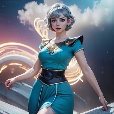 (best quality, ultra realistic) 8k, retro futuristic look, dream aesthetic, dream atmosphere, 1 tall elf girl, happy, beautiful ...