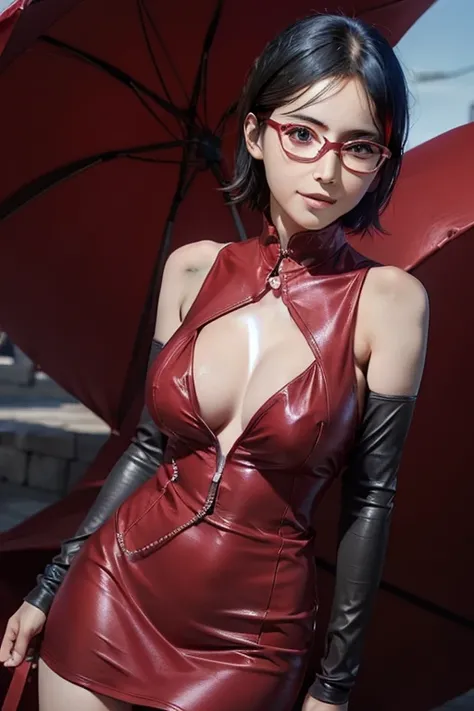 1girl, uchiha sarada in anime boruto, short hair, black hair, red eyes, smile, beautiful, sexy dress, sexy clothes, wear red glasses, red clothes, very big breast, realistic clothes, detail clothes, outdoor background, ultra detail, realistic