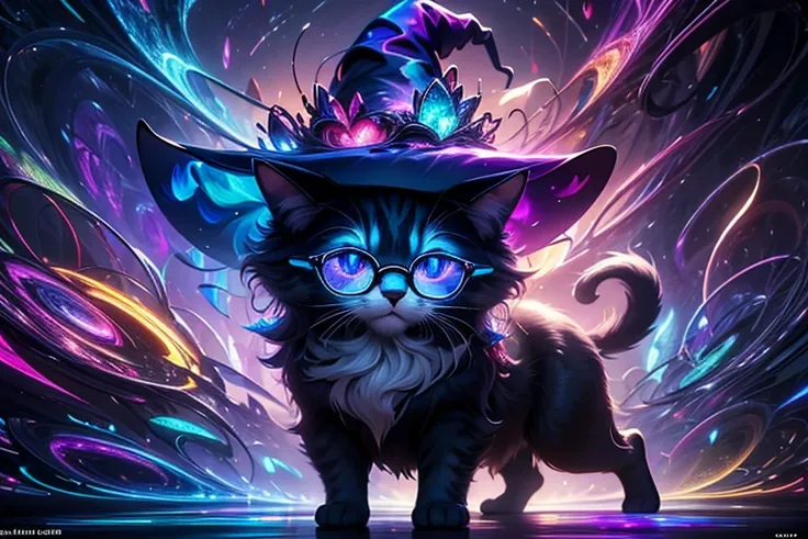 a cg rendering of a cute cat wearing a witch hat and glasses, animal, 4k, cute, magic, magical, no_humans, beautiful fur, four l...