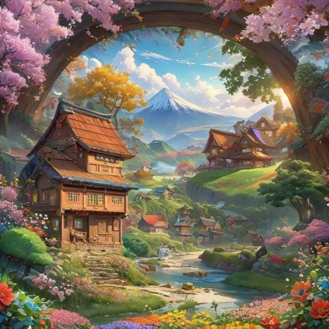 a painting of a house in a flower field, japanese cartoons beautiful peace scene, flower mountain background, japanese cartoons ...