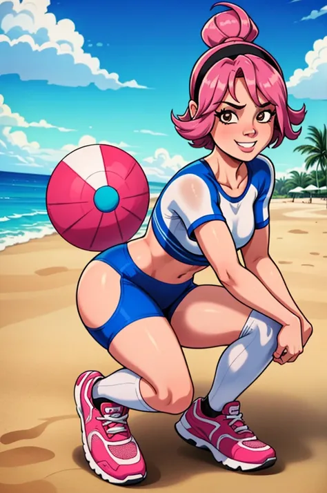 masterpiece, ultra-detailed, 80s anime (style), 2D, megapixel, perfectionism, full HD , 4K, (windjammers:0,9), sport game, mature anime woman, 1girl, looking at viewer, full body, brown hair and pink hair, short hair, weird hair, smile, lips, eyelashes, sm...