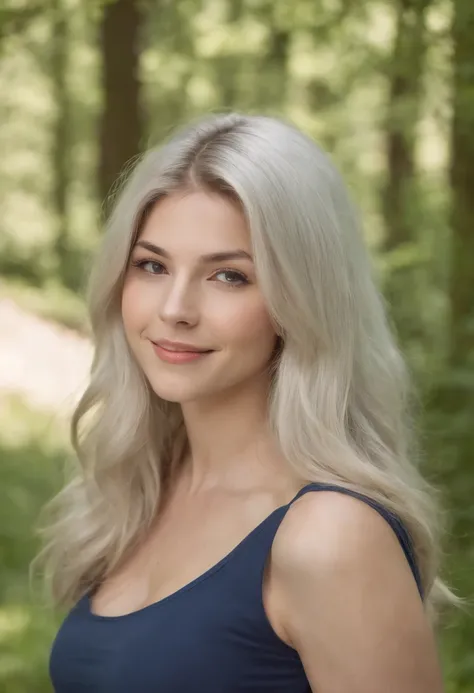 Still raw,  sexy 21 years old Danish girl, long blinde platinum hair, blue tight leggings and dark t-shirt, waking in the forest, summer, smiling to the camera, young Marisa Tomei, perfect pale skin, super detailed skin texture, Nordic girl, sweet  smile o...