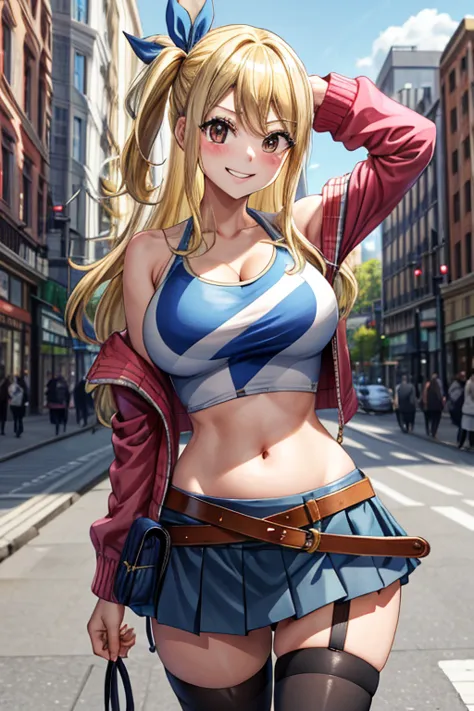 masterpiece, best quality, height, lucy heartfilia, blonde hair, long hair, big breasts, jacket, crop top, bare shoulders, show ...