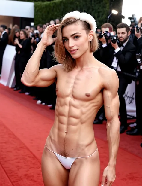 Fully Nude muscular lean girl with (very masculine manly flat chest and body) and long white right party hair seductive hand down pose show thigh up in red carpet full of paparazzi’s and (around her head is shave fade) with beautiful face and beautiful vag...