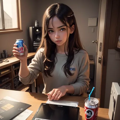 (((full medium shot))), (Masterpiece, photorealistic, photorealism, best quality, ultra-detailed:1.3), (nice hands, perfect hands), official art, cinematic light, (1girl:1.3), adult, long dark brown hair, golden eyes, bedroom, game room, comfortable, dark ...