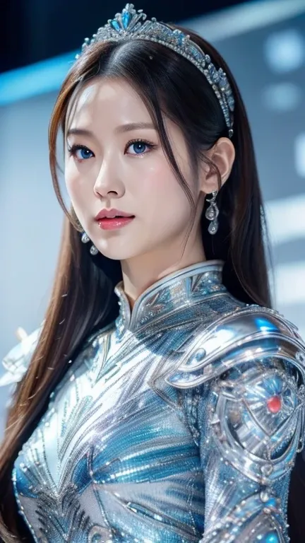 Close-up of a woman in a silver and blue dress, Chengwei Pan at Art Station, by ヤン・J, detailed fantasy art, amazing character art, fan art best art station, magnificent exquisite character art, beautiful armor, highly detailed art germ, detailed digital an...