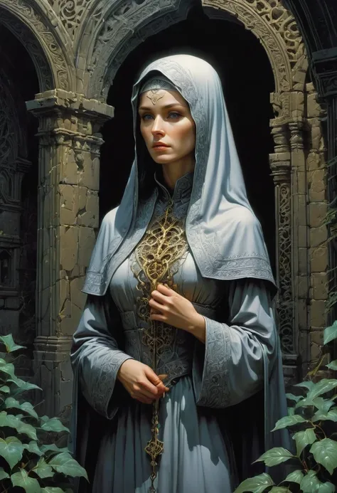 Nun, by Michael Whelan, best quality, masterpiece, very aesthetic, perfect composition, intricate details, ultra-detailed