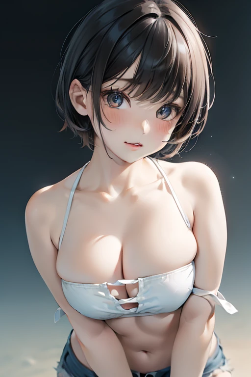 1girl,masterpiece, Awards, high quality, High resolution, HD, 4K,8K,high quality,portrait,simple background,closeup upperbody,white clothes,Independently deformed breasts,shruged,viscous paint,(swiping breasts:1.3),shorts,short hair,oily skin,Slimy Cleavag...