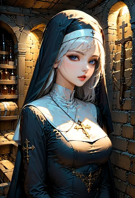 young Nun, cellar, (masterpiece, best quality, Professional, perfect composition, very aesthetic, absurdres, ultra-detailed, intricate details:1.3)