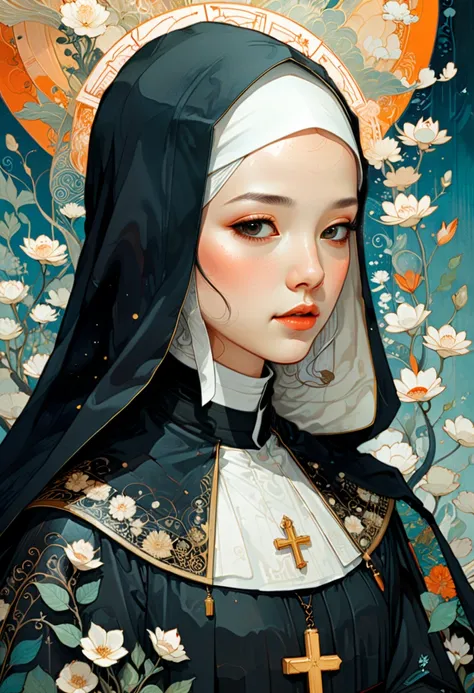 young Nun, by Victo Ngai, (masterpiece, best quality, Professional, perfect composition, very aesthetic, absurdres, ultra-detailed, intricate details:1.3)