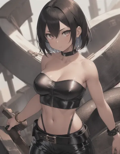 1girl, ((26 year old, Filipino Woman, tanned bronze skin:1.02, short black hair:1.3, Detailed Amber eyes:1.03, Detailed face, medium breasts, (Wearing: Strapless Black tube top, black leather pants, white belt, bracelets:1.2)), (midriff), (agile physique:1...