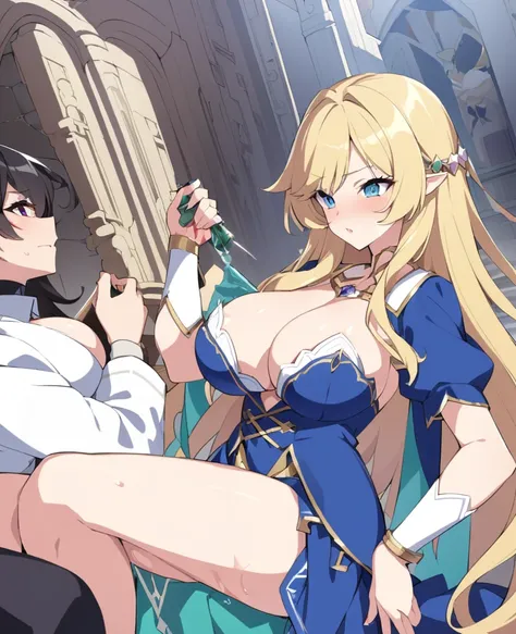 Esmeralda, 18 years old, long blonde hair, blue eyes, big breasts, an open blue dress with diamond blood cuts, showing up at Cristalina&#39;s temple to get her job as a prostitute..hentai