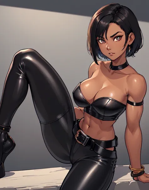 1girl, ((26 year old, Filipino Woman, tanned bronze skin:1.02, short black hair:1.3, Detailed Amber eyes:1.03, Detailed face, medium breasts, (Wearing: Strapless Black tube top, black leather pants, white belt, bracelets:1.2)), (midriff), (agile physique:1...