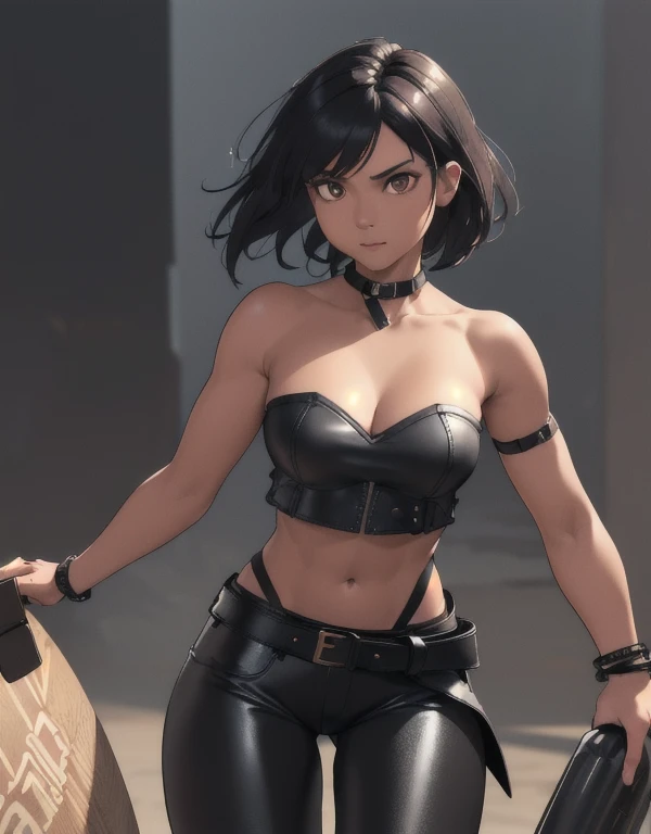 1girl, ((26 year old, Filipino Woman, tanned bronze skin:1.02, short black hair:1.3, Detailed Amber eyes:1.03, Detailed face, medium breasts, (Wearing: Strapless Black tube top, black leather pants, white belt, bracelets:1.2)), (midriff), (agile physique:1...