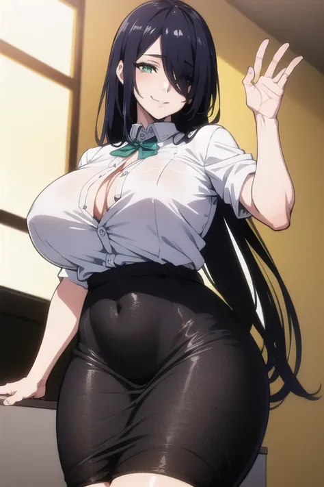 mature women,milf,large breast,beautiful face,long hair, shiny hair, green eyes,high detailed,black hair, hair over one eye,masterpiece,perfect anatomy,cleveage,White Shirt,open shirt, Black Skirt, Office Lady,sexy smile,pony tail,glasses,stand pose,