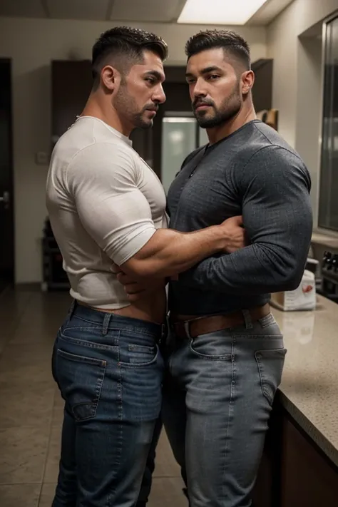 Photograph of two men,besandose, with heavyweight bodybuilder cinematic light 75kg full muscle, Bigote grueso y trozo chino barbudo, hombres muy guapo. Detailed face proportion of perfect bodies,, hipermusculoso nalgon, realista,  gray balck jeans, face de...