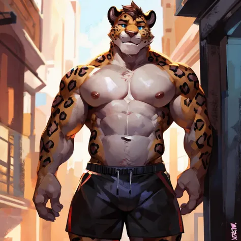 Medium muscular, leopard, shirtless, in black shorts, By mystikfox61