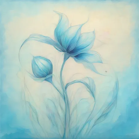 Drawing with pastel pencils on textured craft paper, on a light blue background, 1 soft blue flower bud on a thin stem, minimalism, blurred contours, pastel, very tender