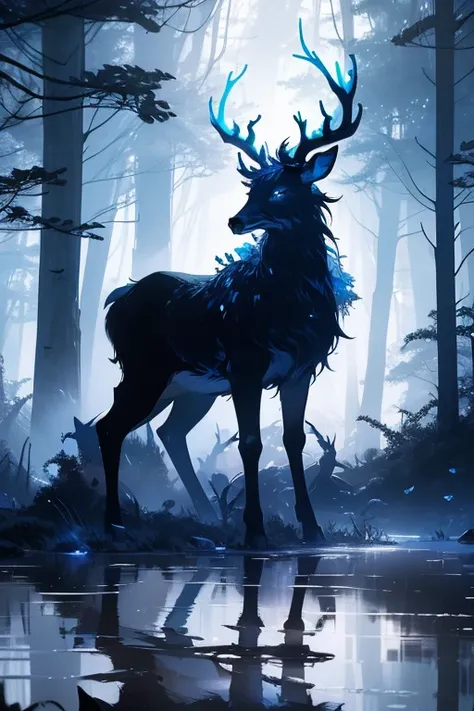 a spectral deer in a dark florest, river, reflection, muss, blue spectral, fog, beautiful horns, four paws, intricate, amazing view, mysterous, deer in the edge of a river, mediaval fantasy, dark fantasy style, (Abstract art:1.6), (Delicate images), (Highl...