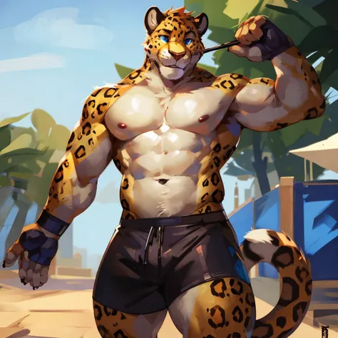 Medium muscular, leopard, eyes, blue eyes, perfect eyes, shirtless, in black shorts, By mystikfox61