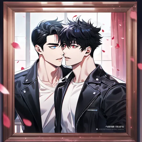 absurdres, highres, ultra detailed, HDR, masterpiece, Sung Jin Woo, black hair, epressive blue eyes, Solo Leveling, Ren Zotto, vtuber, black hair, expressive red eyes, 2men together, gay couple, handsome, black leather jacket, white shirt, window, curtains...