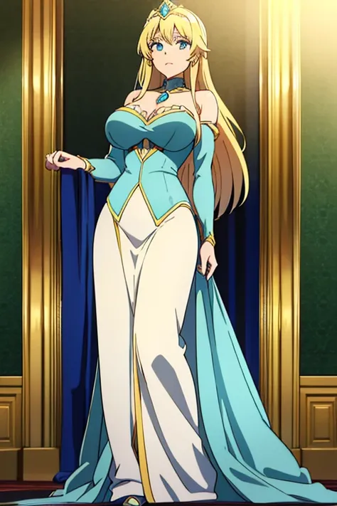 emerald 18 years old long blonde hair blue eyes big breasts blue princess dress with diamonds standing in the throne room looking ahead with the sunlight and the diamond