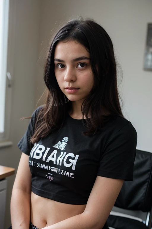 a 13 year old girl with straight black hair wearing a black t-shirt  