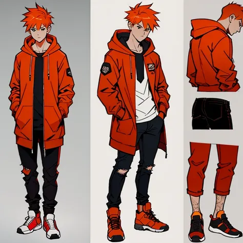 (masterpiece, best quality:1.2),  human male adolescent ,wearing punk clothings , orange  hair  ,((wearing red coat hoodie)) ,fr...